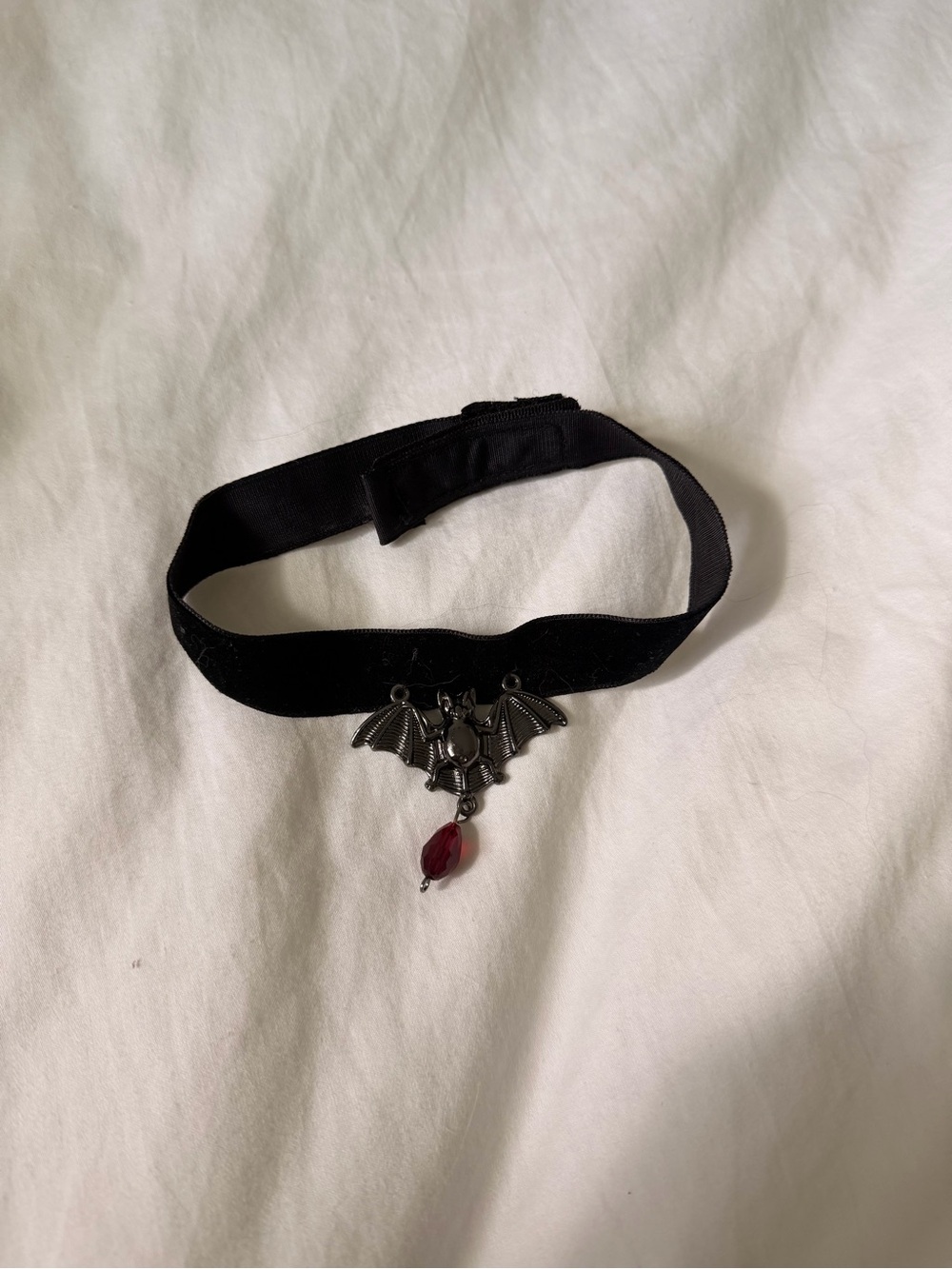 Black Velvet Bat Pendant Choker Necklace with Red Bead